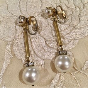 Vintage dangle earrings, faux pearls, rhinestones
